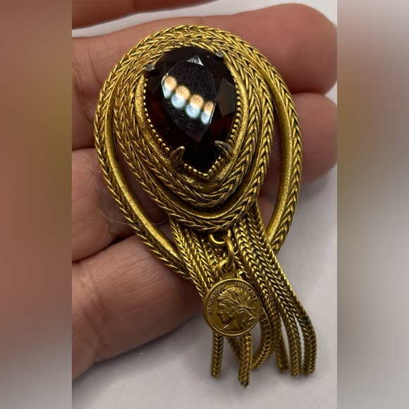 Vintage Signed Florenza Gold Tone Etruscan Revival Brooch Pin Topaz Crystal - Picture 2 of 11